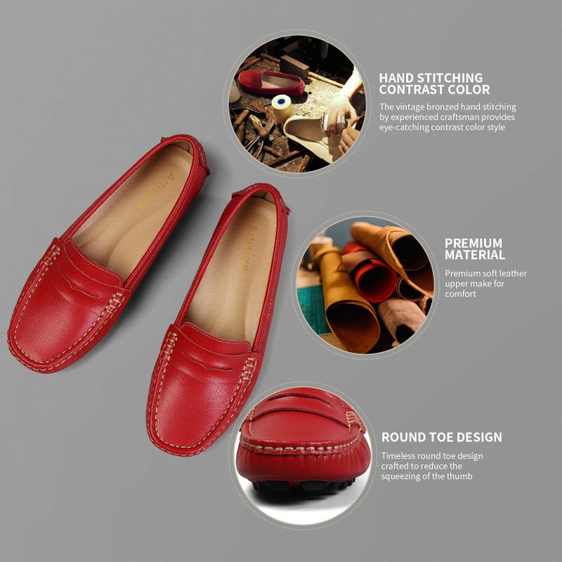 Artisure Women's Classic Handsewn Red Genuine Leather Penny Loafers Driving Moccasins Casual Boat Shoes Slip On Fashion Office Comfort Flats 8.5 M US SKS-1221HON085 - Image 3